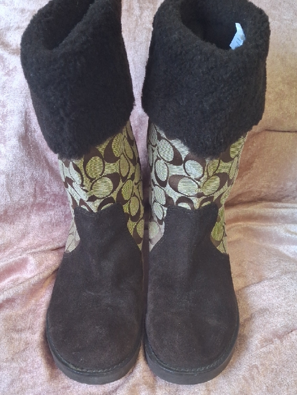 EUC Coach Brown Suede and Tan Signature Canvas Shearling-Trim Boots Size 9 - Picture 3 of 7